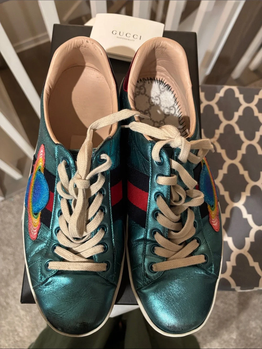 Gucci Metallic Teal Rainbow Embroidered Ace Sneakers